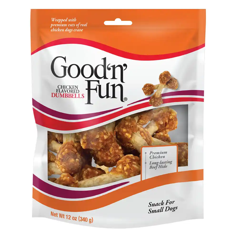 Good ‘n’ Fun Chicken Flavored Dumbbells for Small Dogs, Treat Your Dog to Long-Lasting Chews Made with Premium Chicken & Long-Lasting Beef Hide - front of package