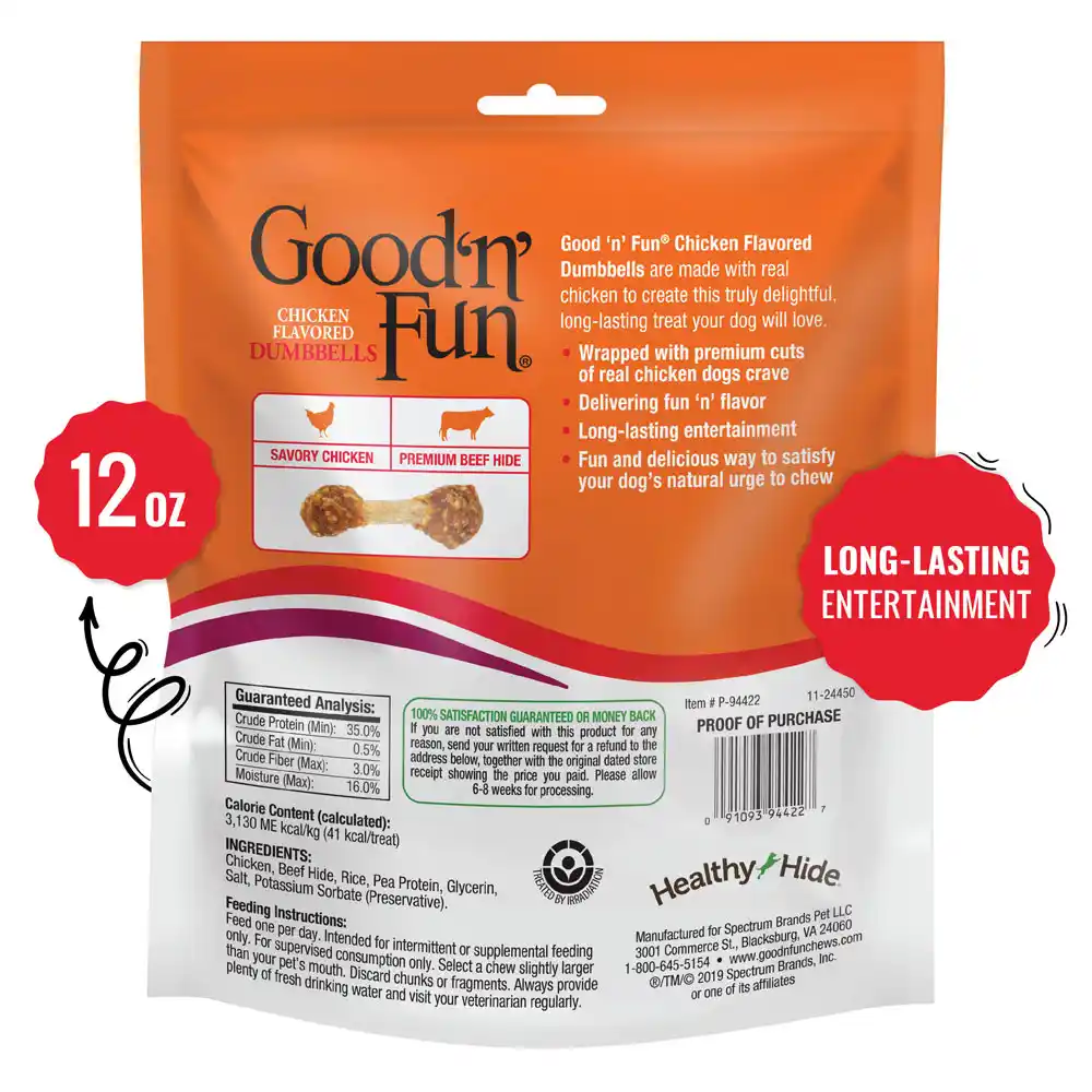 Good ‘n’ Fun Chicken Flavored Dumbbells for Small Dogs, Treat Your Dog to Long-Lasting Chews Made with Premium Chicken & Long-Lasting Beef Hide - back of package