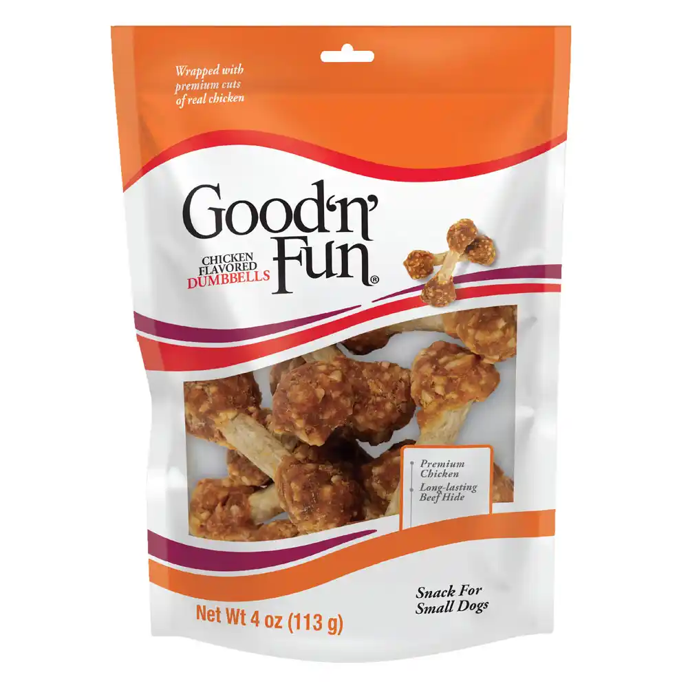 Good ‘n’ Fun Chicken Flavored Dumbbells for Small Dogs, Treat Your Dog to Long-Lasting Chews Made with Premium Chicken & Long-Lasting Beef Hide - Front of package