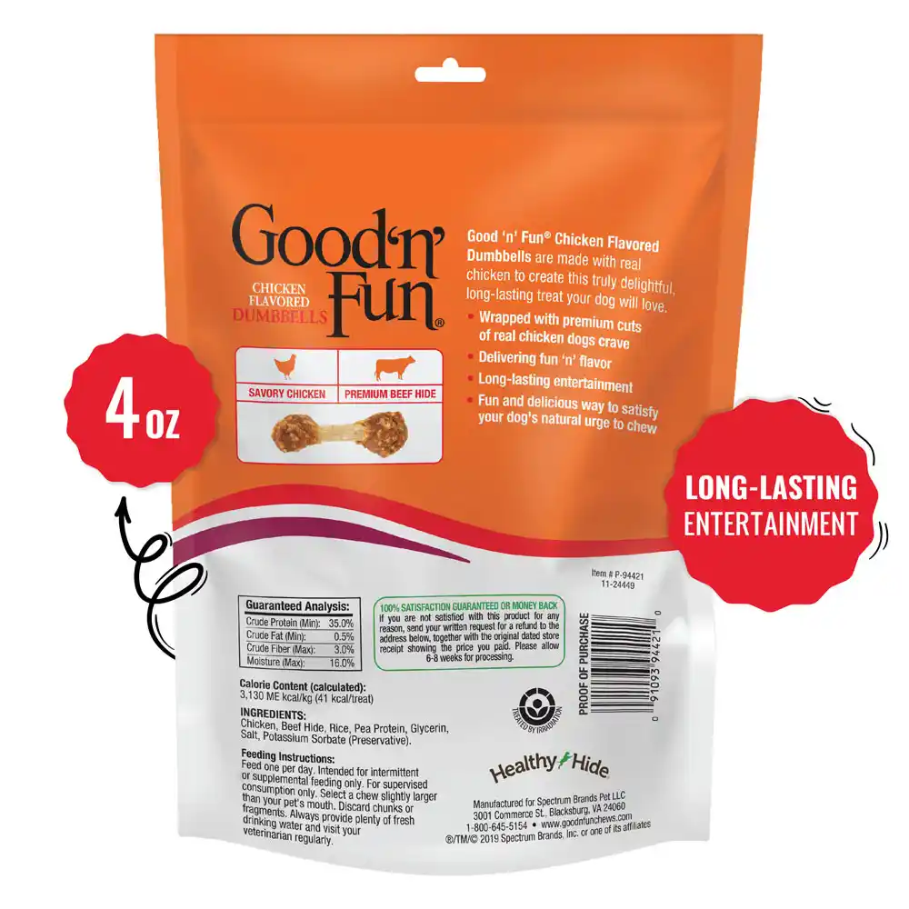Good ‘n’ Fun Chicken Flavored Dumbbells for Small Dogs, Treat Your Dog to Long-Lasting Chews Made with Premium Chicken & Long-Lasting Beef Hide - back of package