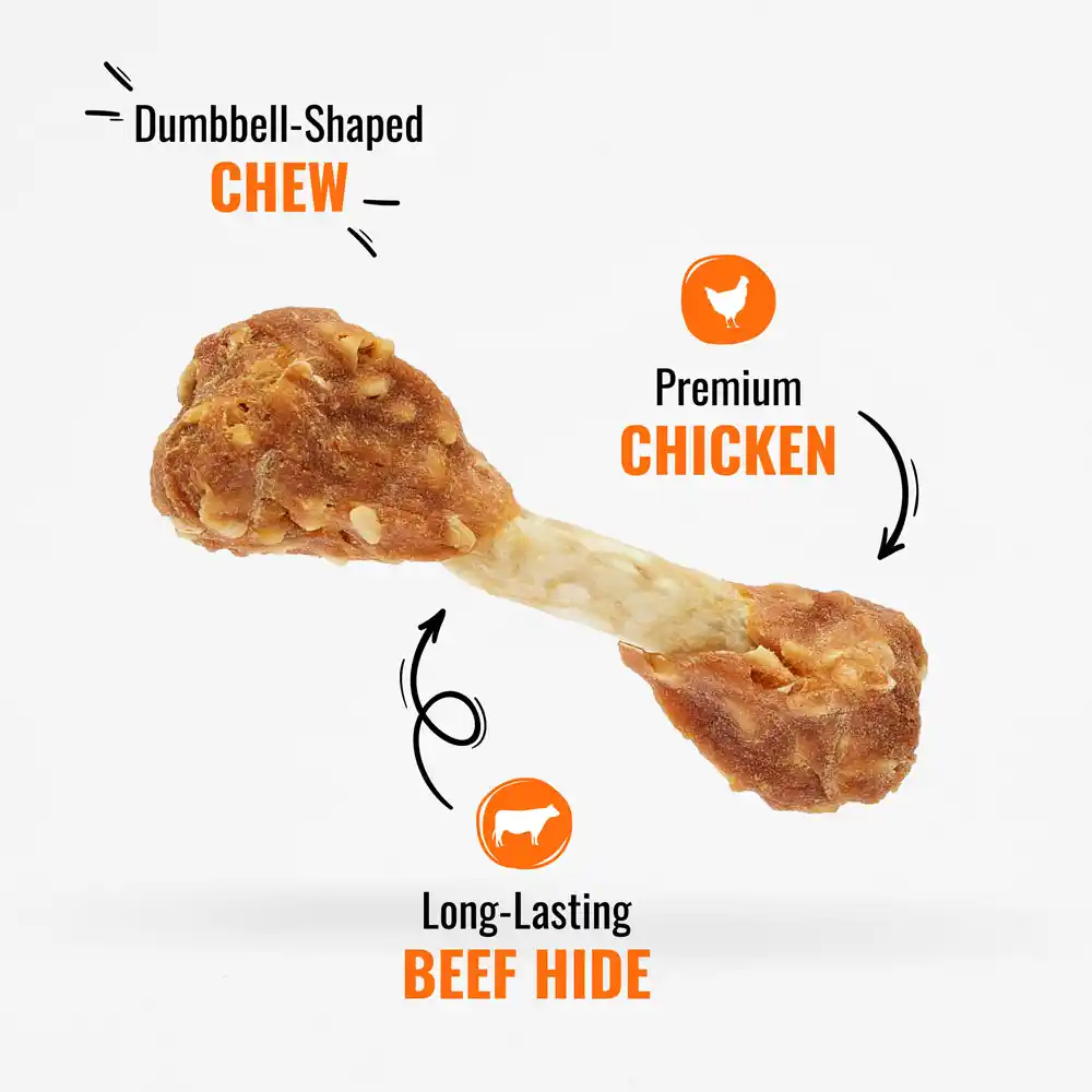 Dumbell-shaped chew, premium chicken, long-lasting beef hide