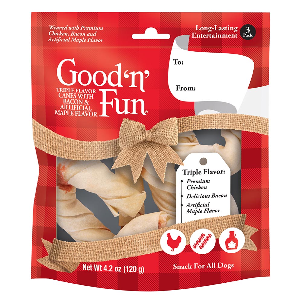 P-94481H Good ‘n’ Fun Triple Flavor Canes With Bacon & Artificial Maple Flavor Chews for All Dogs, 3 Count - Front Render