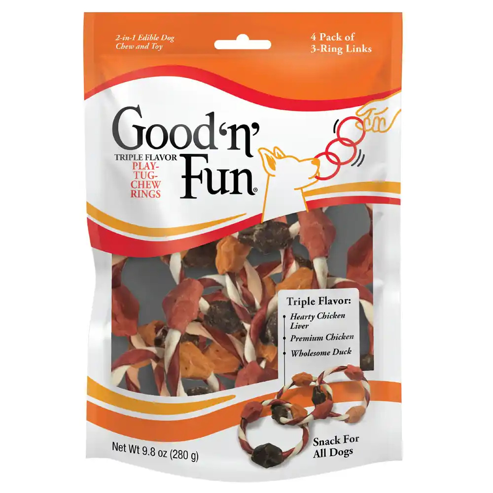 Good ‘n’ Fun Triple Flavor Play-Tug-Chew Rings for All Dogs, Treat Your Dog to Long-Lasting Chews Made with Chicken Liver, Chicken & Duck - front of package
