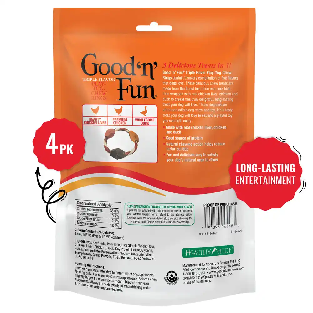 Good ‘n’ Fun Triple Flavor Play-Tug-Chew Rings for All Dogs, Treat Your Dog to Long-Lasting Chews Made with Chicken Liver, Chicken & Duck - back of package