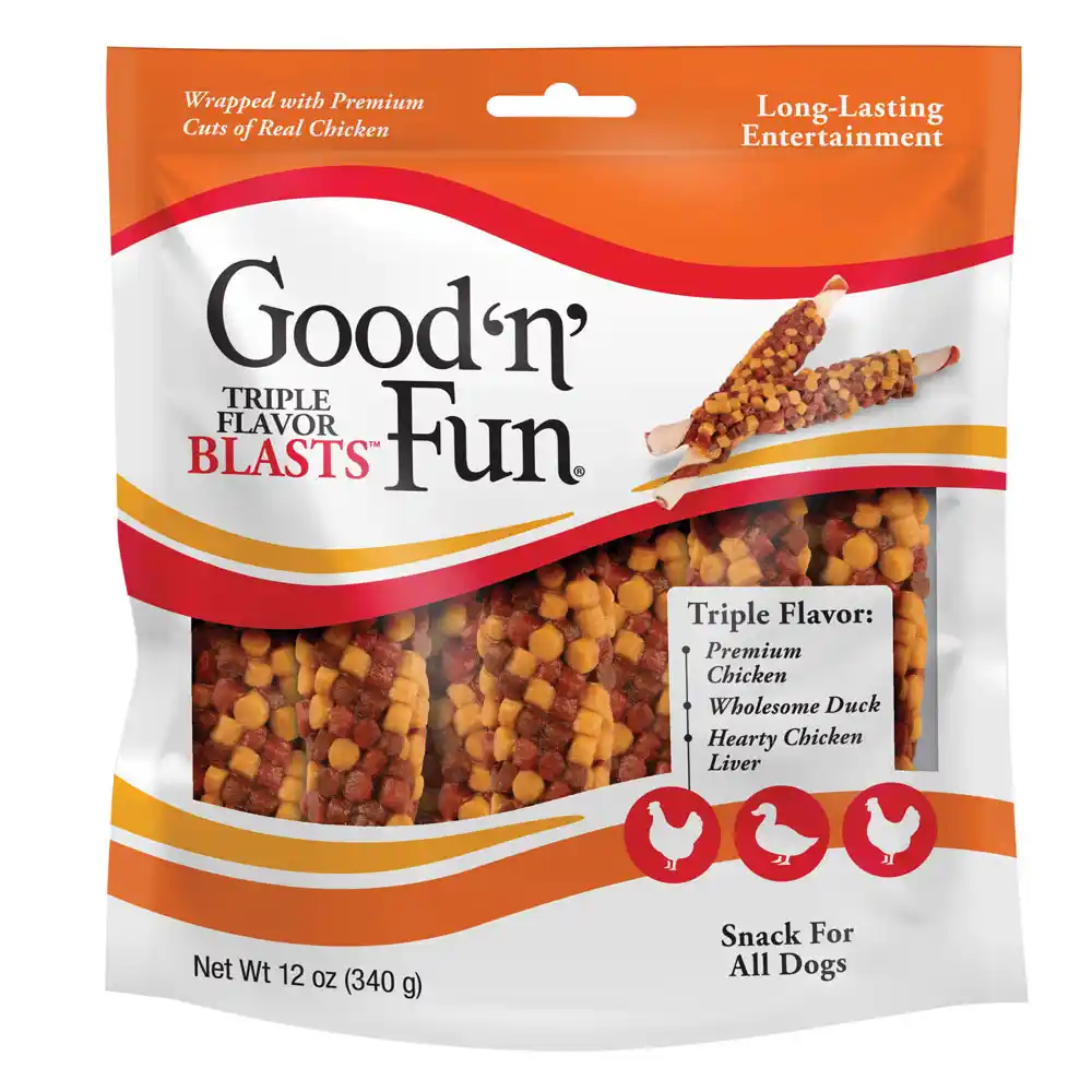 Good ‘n’ Fun Triple Flavor Blasts for All Dogs, Treat Your Dog to Long-Lasting Chews Made with Chicken Liver, Chicken & Duck - front of package