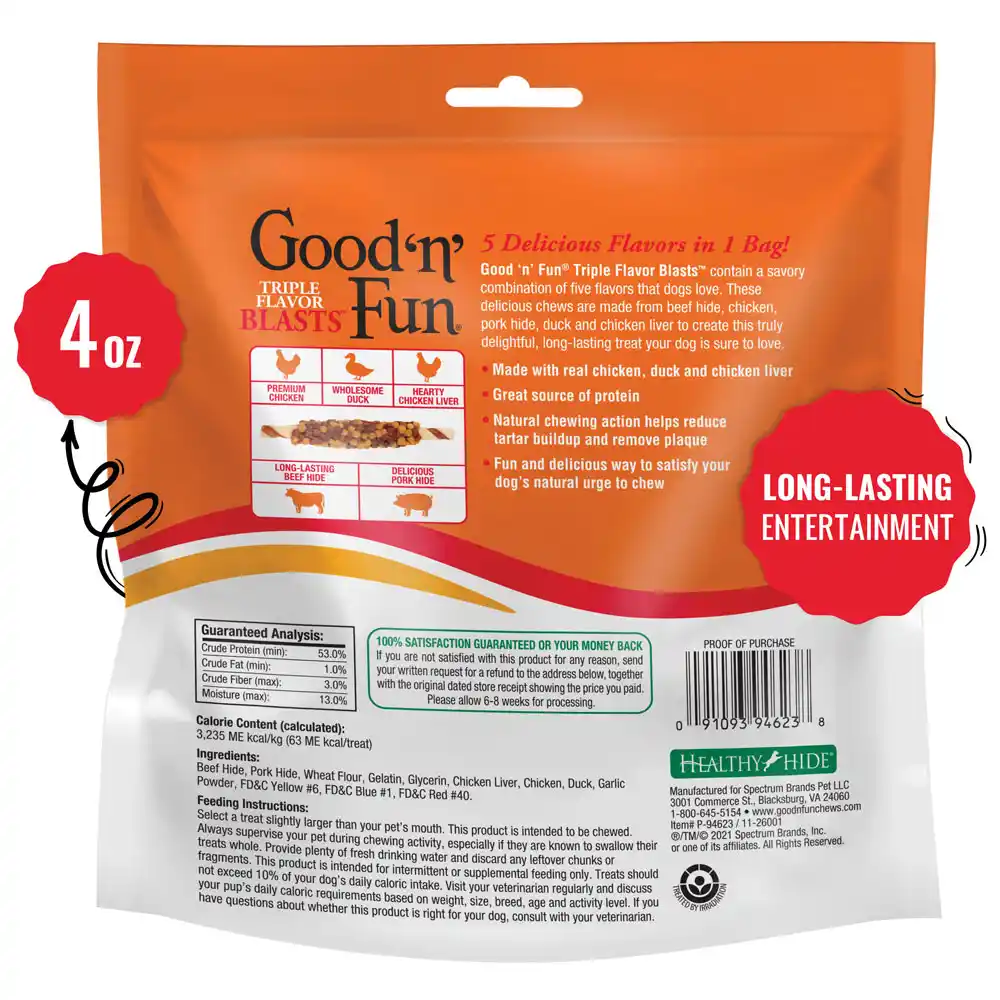 Good ‘n’ Fun Triple Flavor Blasts for All Dogs, Treat Your Dog to Long-Lasting Chews Made with Chicken Liver, Chicken & Duck - back of package