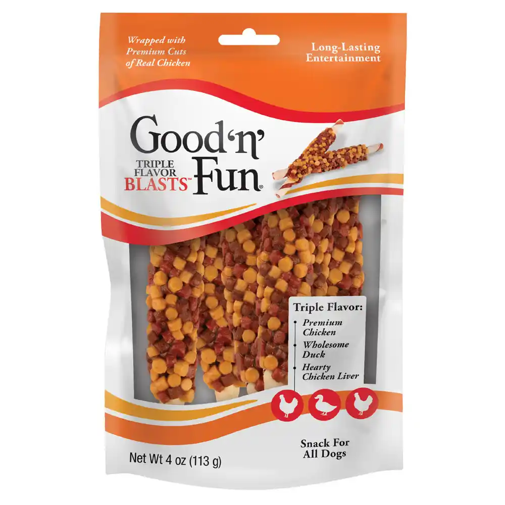 Good ‘n’ Fun Triple Flavor Blasts for All Dogs, Treat Your Dog to Long-Lasting Chews Made with Chicken Liver, Chicken & Duck - front of package