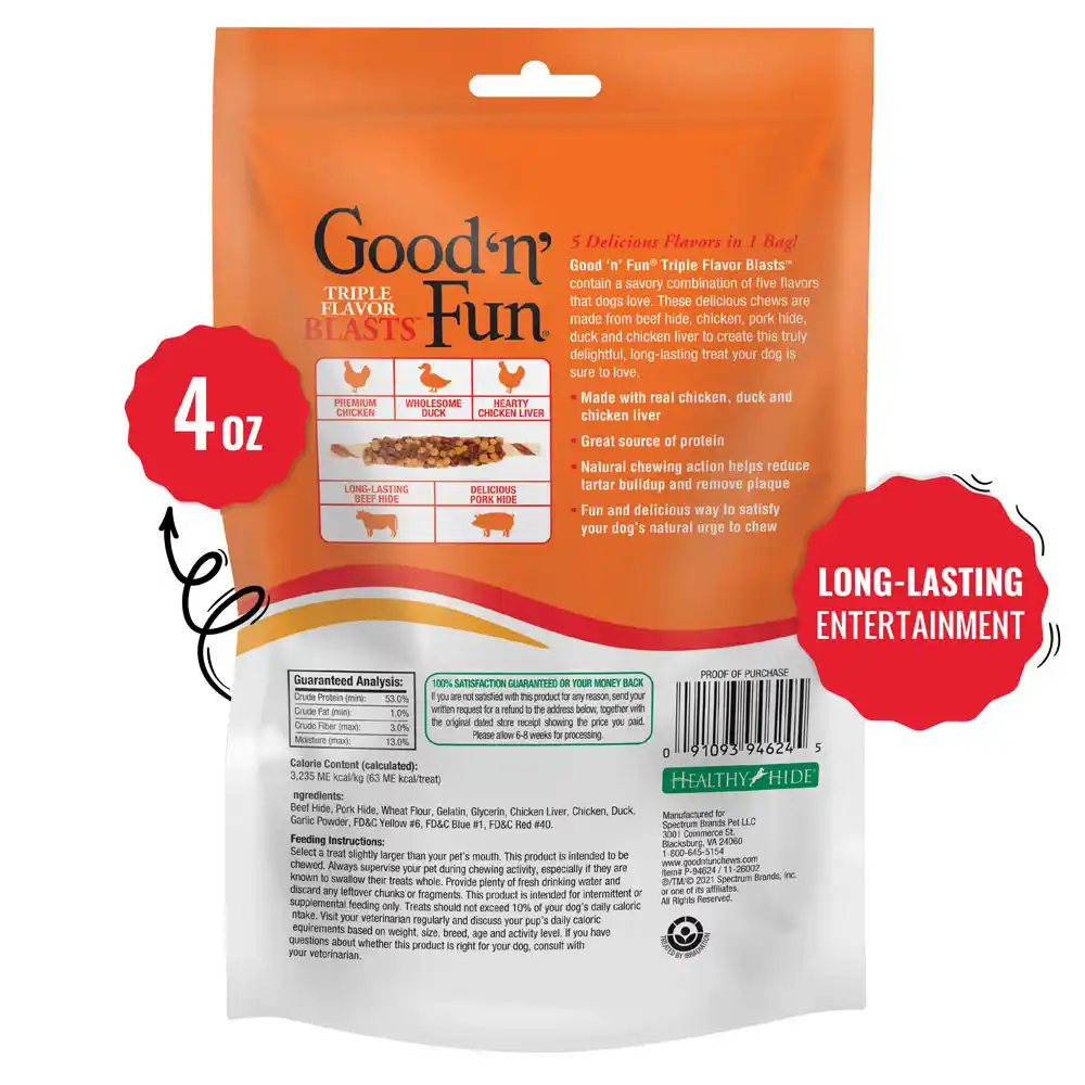 Good ‘n’ Fun Triple Flavor Blasts for All Dogs, Treat Your Dog to Long-Lasting Chews Made with Chicken Liver, Chicken & Duck - back of package