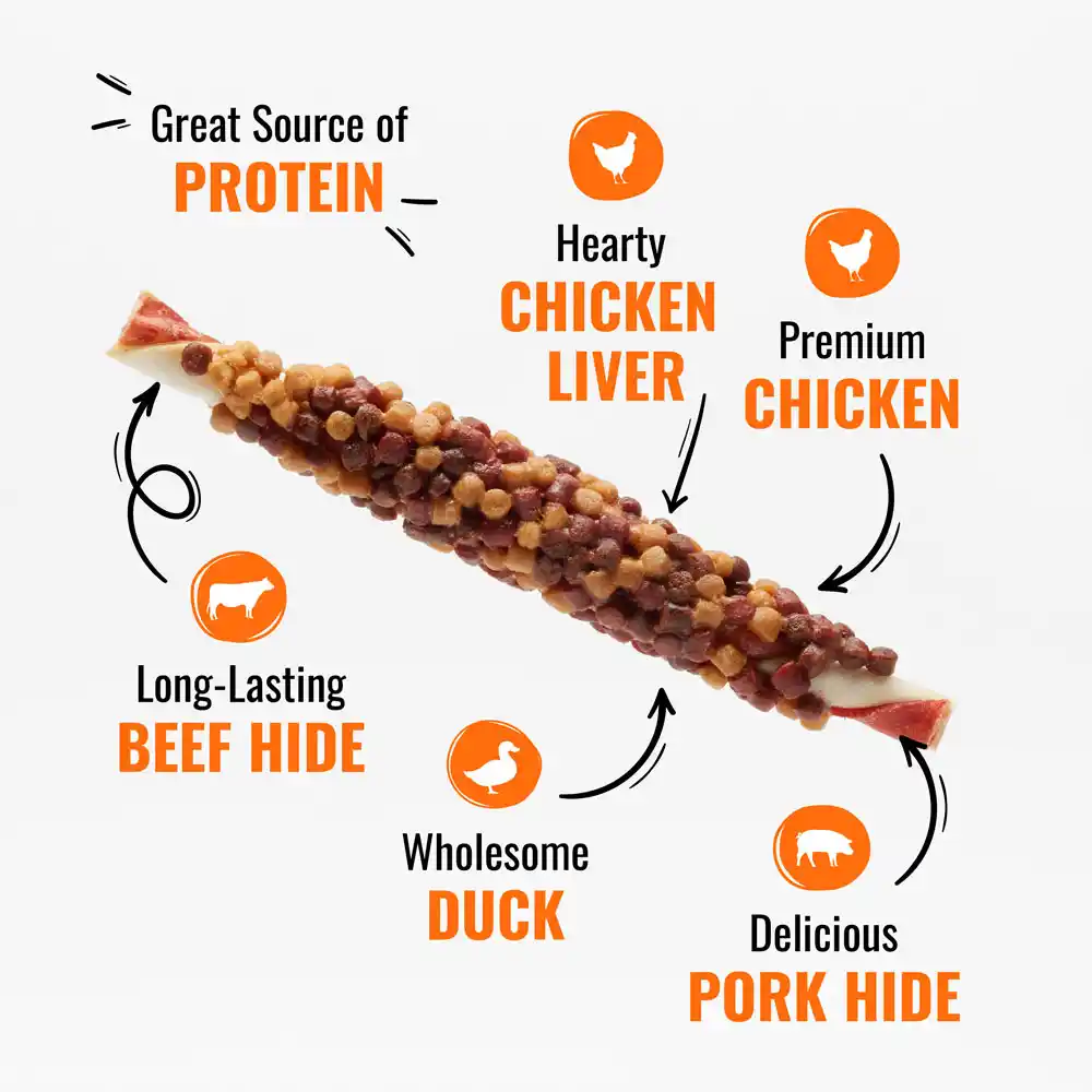 great source of protein, hearty chicken liver, premium chicken, long-lasting beef hide, wholesome duck, delicious pork hide