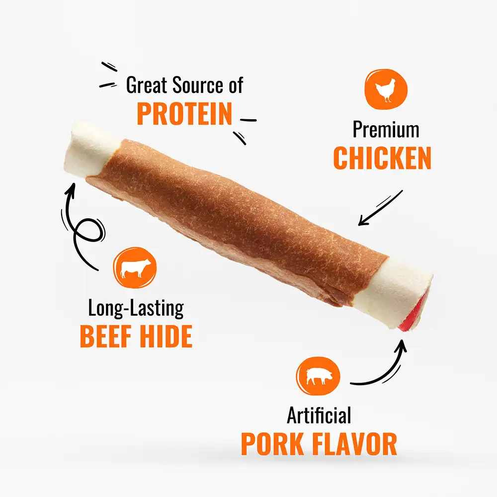 Great source of protein, premium chicken, long lasting beef hide, artificial pork flavor