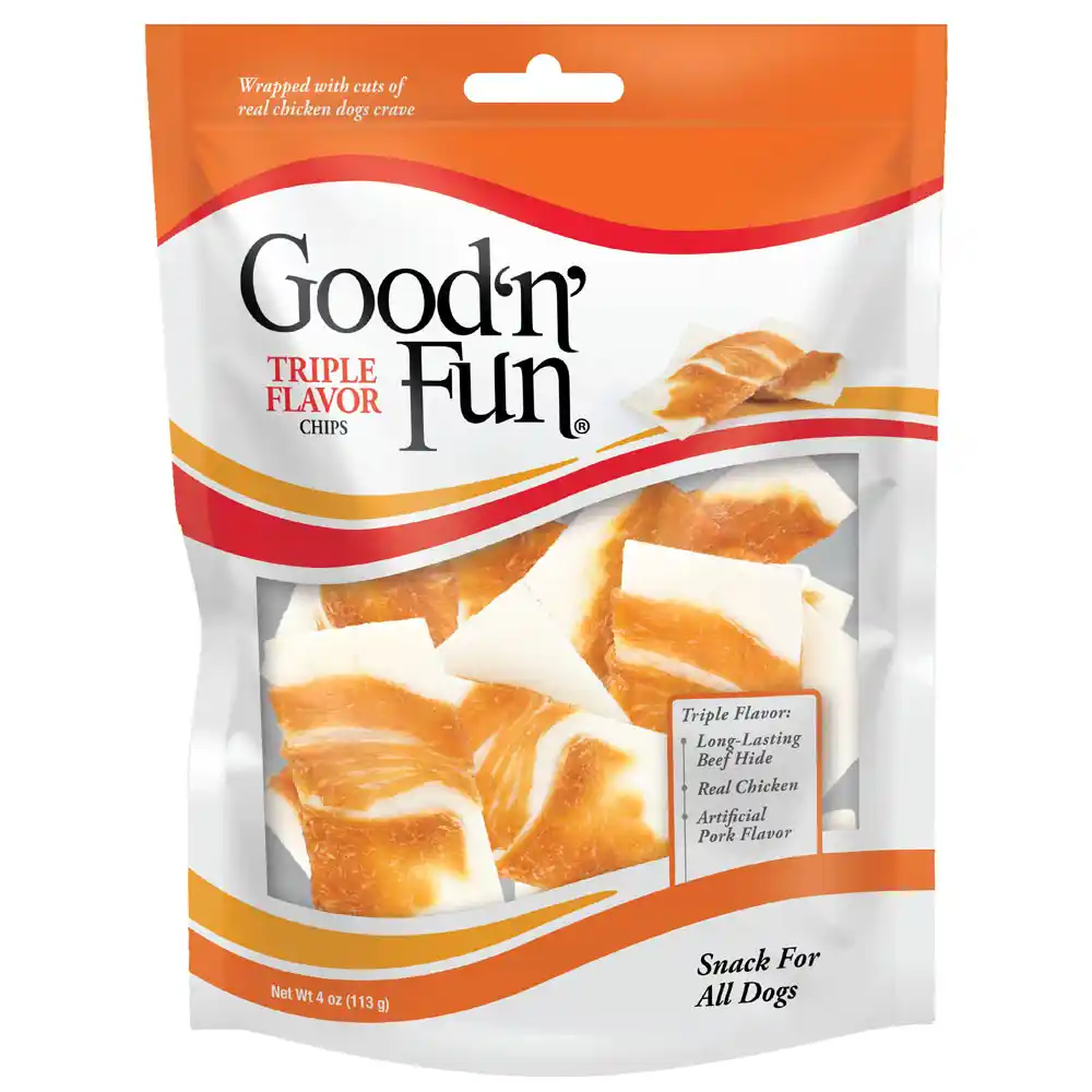 Triple Flavor Chips for All Dogs, Treat Your Dog to Long-Lasting Chews Made with Beef Hide, Chicken and Artificial Pork Flavor - front of package