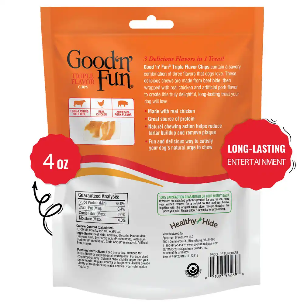 Triple Flavor Chips for All Dogs, Treat Your Dog to Long-Lasting Chews Made with Beef Hide, Chicken and Artificial Pork Flavor - back of package