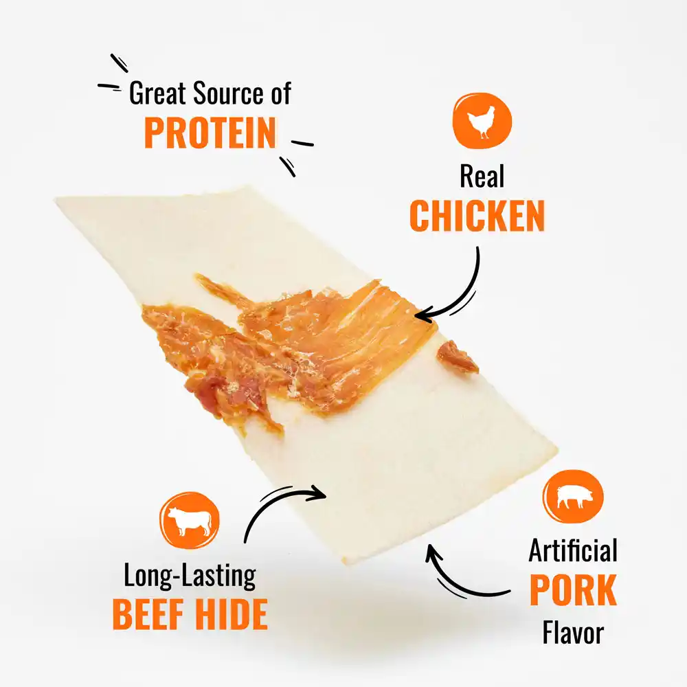 Great source of protein, long-lasting beef hide, real chicken, and artificial pork flavor