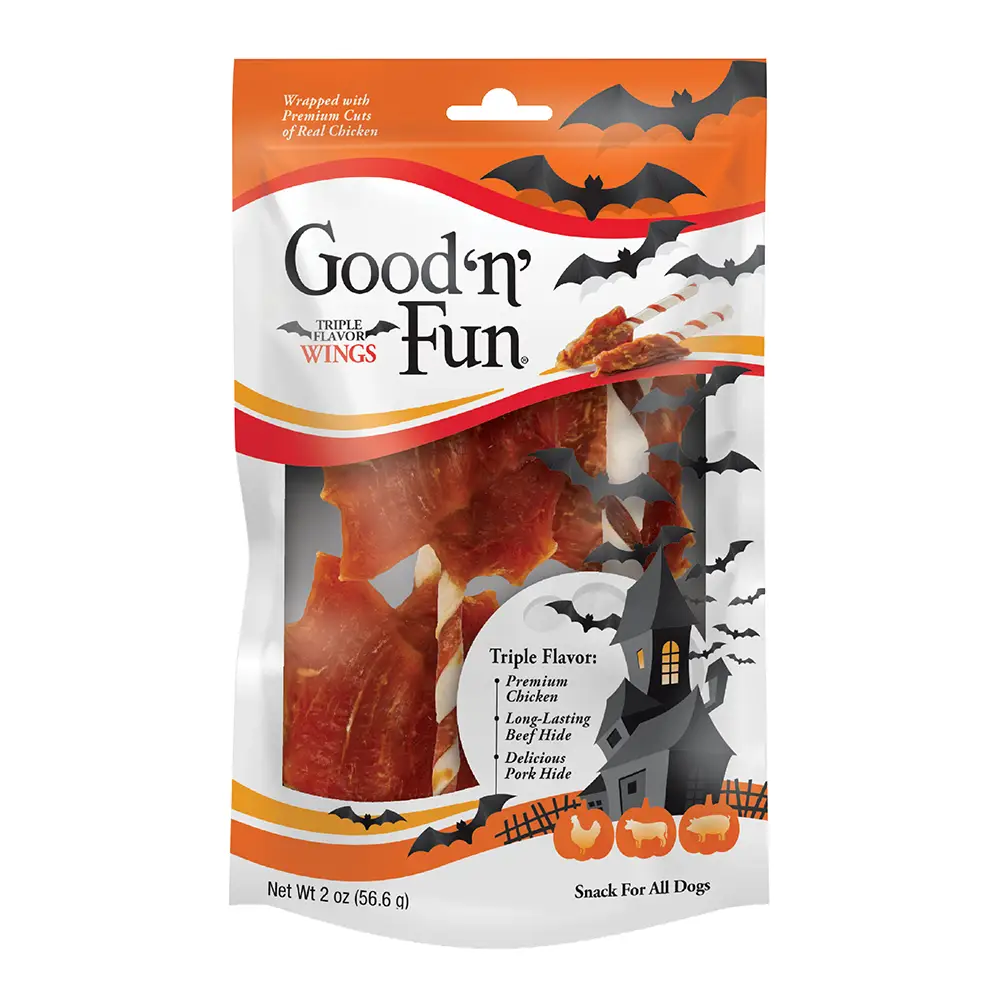 Good ‘n’ Fun Triple Flavor Wings Chews for All Dogs, Treat Your Dog to Long-Lasting Halloween Chews Made with Chicken, Beef Hide and Pork Hide - front of package