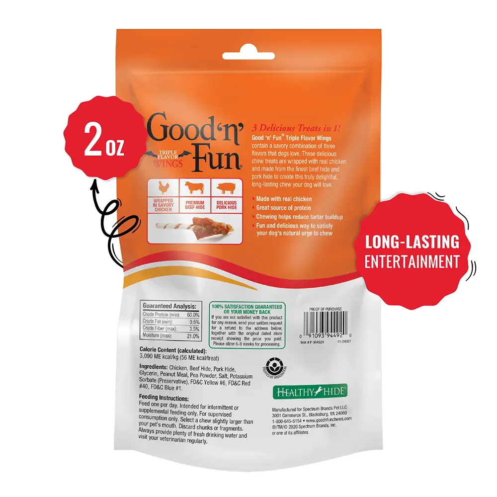 Good ‘n’ Fun Triple Flavor Wings Chews for All Dogs, Treat Your Dog to Long-Lasting Halloween Chews Made with Chicken, Beef Hide and Pork Hide - back of package
