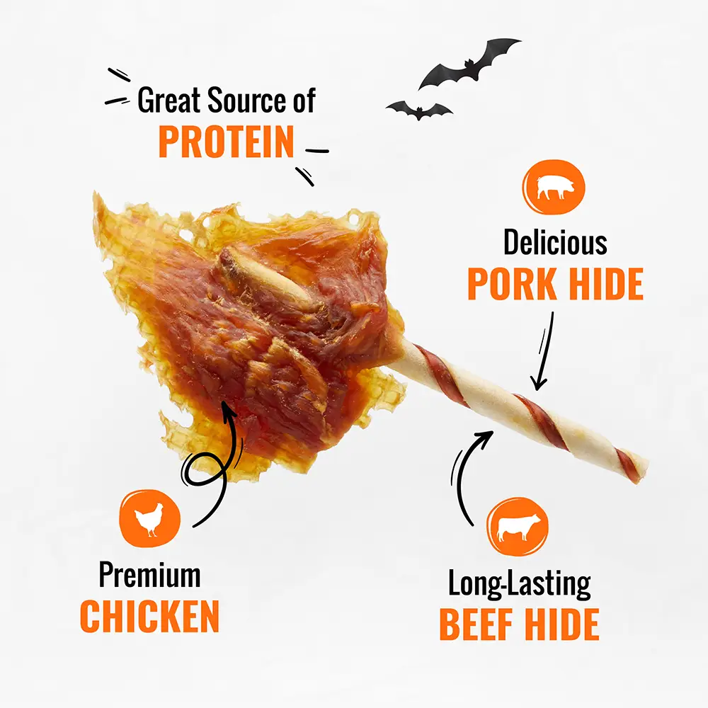 Great source of protein, delicious pork hide, premium chicken, long-lasting beef hide