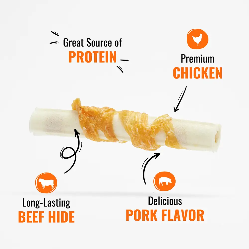 Great source of protein, premium chicken, long-lasting beef hide and delicious pork flavor