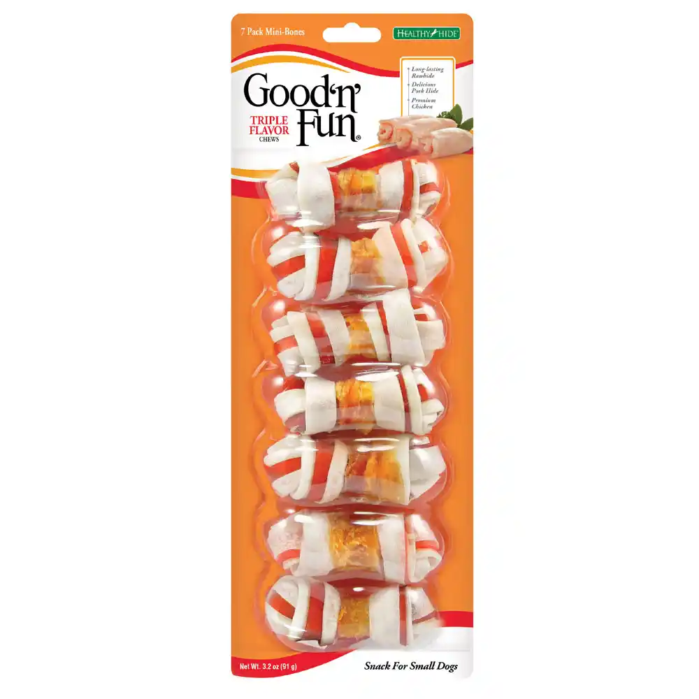 Good ‘n’ Fun Triple Flavor Mini Bones for Small Dogs, Treat Your Dog to Long-Lasting Chews Made with Rawhide, Pork Hide and Chicken - front of package