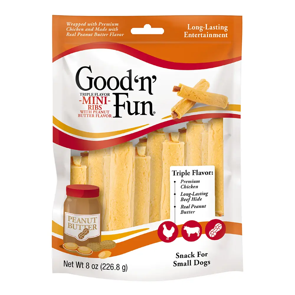 Good ‘n’ Fun Triple Flavor Mini Ribs with Peanut Butter Flavor Chews for Dogs, Treat Your Small Dog to Long-Lasting Chews Made with Chicken and Beef Hide - front of package