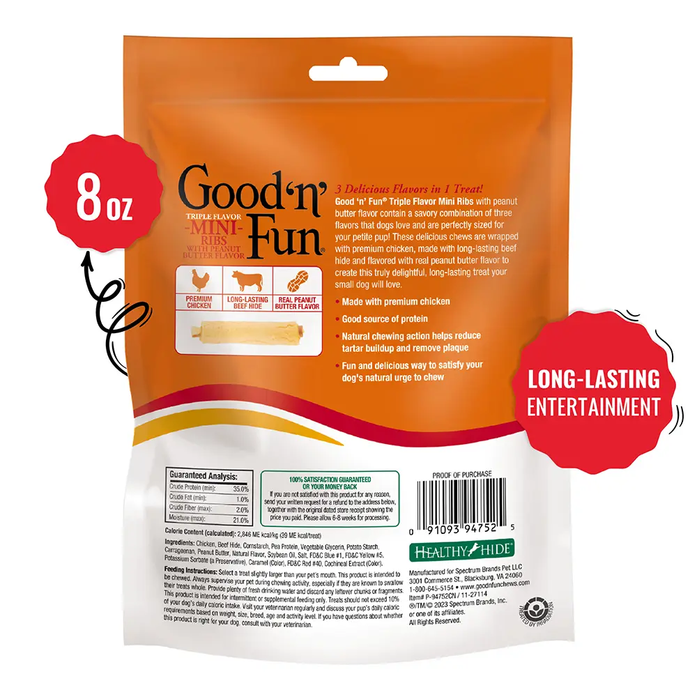 Good ‘n’ Fun Triple Flavor Mini Ribs with Peanut Butter Flavor Chews for Dogs, Treat Your Small Dog to Long-Lasting Chews Made with Chicken and Beef Hide - back of package