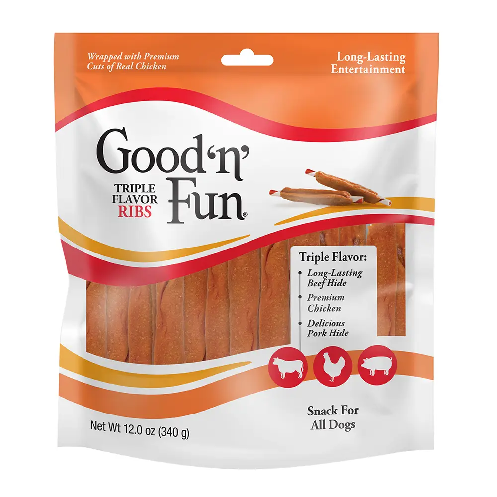 Good ‘n’ Fun Triple Flavor Ribs Chews for All Dogs, Treat Your Dog to Long-Lasting Chews Made with Beef Hide, Chicken and Pork Hide - Front Image