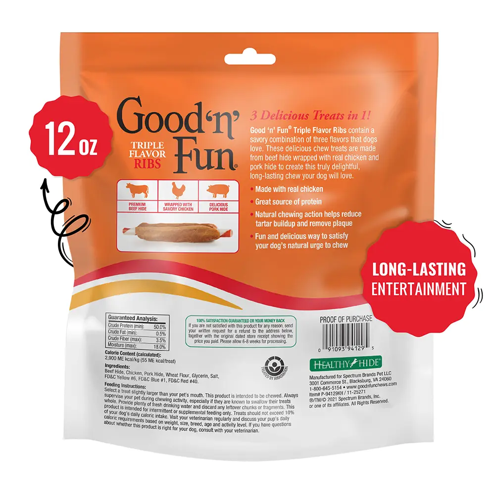Good ‘n’ Fun Triple Flavor Ribs Chews for All Dogs, Treat Your Dog to Long-Lasting Chews Made with Beef Hide, Chicken and Pork Hide - back of package