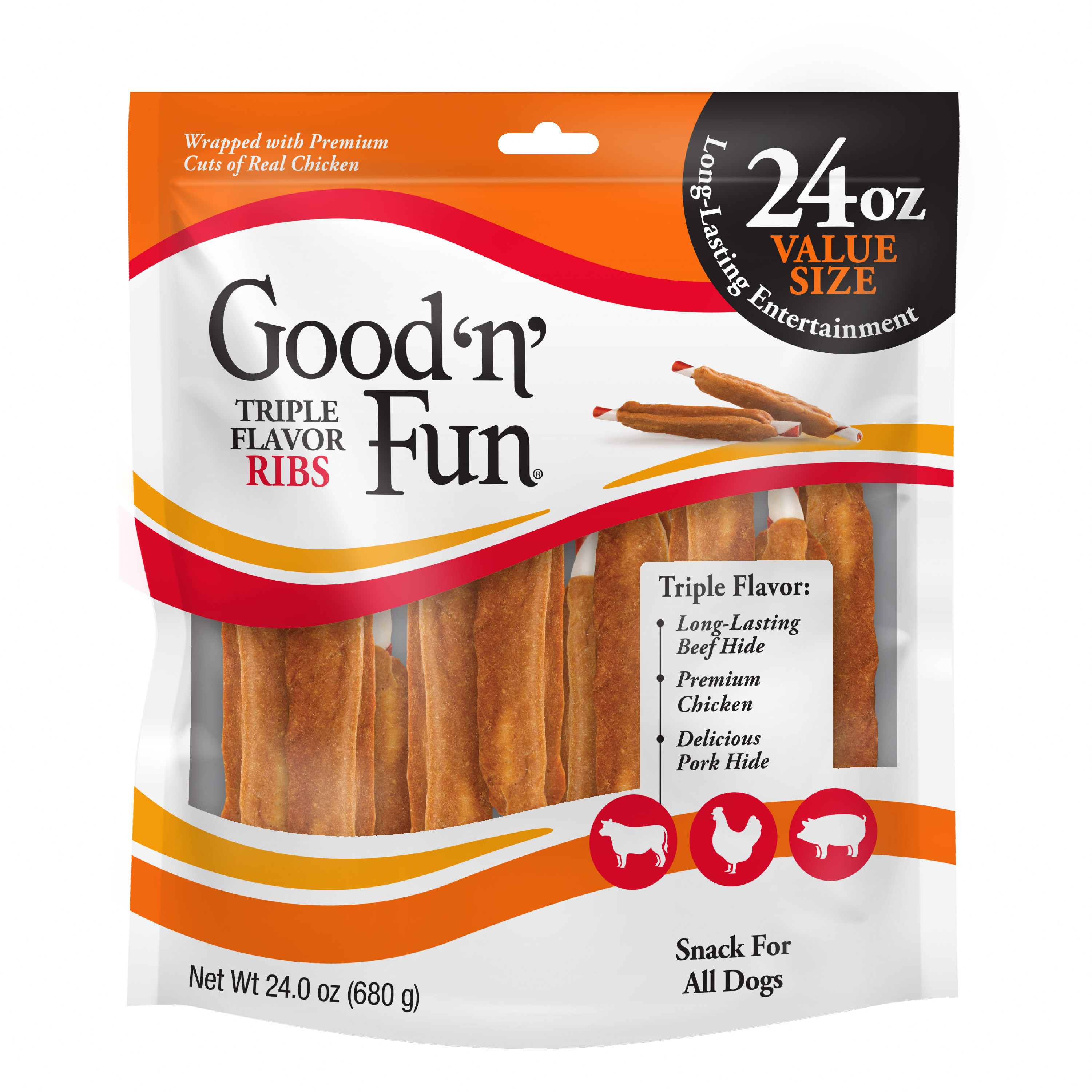 Good ‘n’ Fun Triple Flavor Ribs Chews for All Dogs, Treat Your Dog to Long-Lasting Chews Made with Beef Hide, Chicken and Pork Hide - front of package