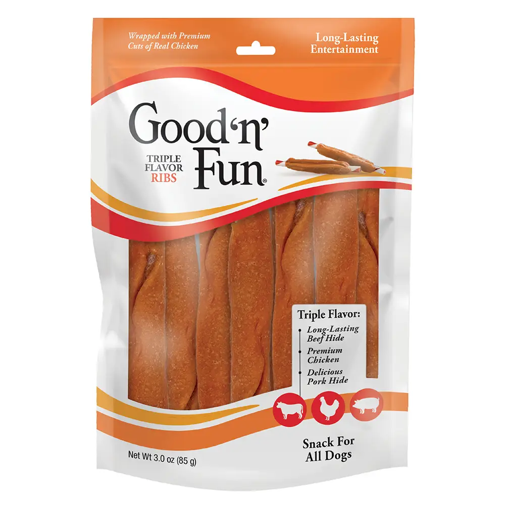 Good ‘n’ Fun Triple Flavor Ribs Chews for All Dogs, Treat Your Dog to Long-Lasting Chews Made with Beef Hide, Chicken and Pork Hide - front of package