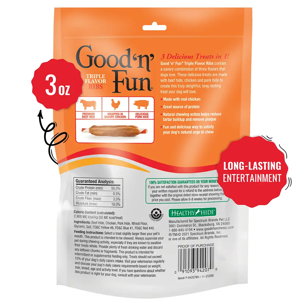 Good ‘n’ Fun Triple Flavor Ribs Chews for All Dogs, Treat Your Dog to Long-Lasting Chews Made with Beef Hide, Chicken and Pork Hide - back of package