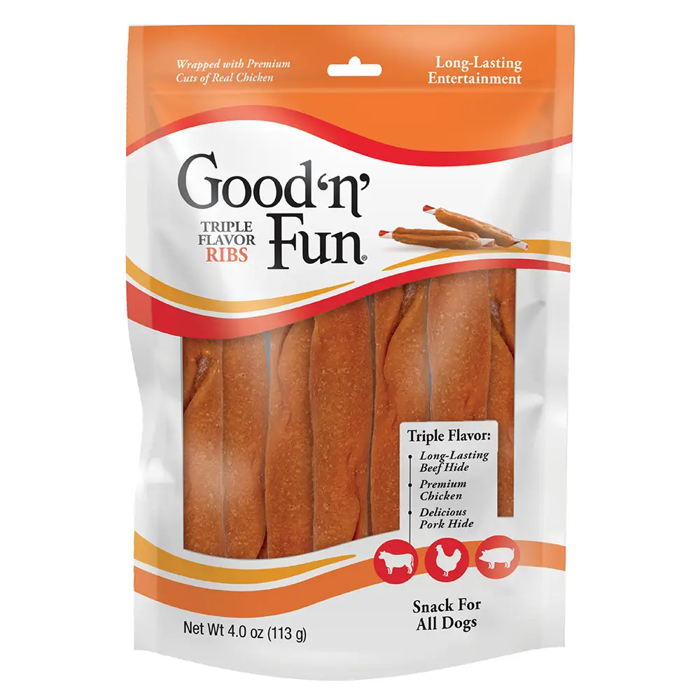 Good ‘n’ Fun Triple Flavor Ribs Chews for All Dogs, Treat Your Dog to Long-Lasting Chews Made with Beef Hide, Chicken and Pork Hide - front of package