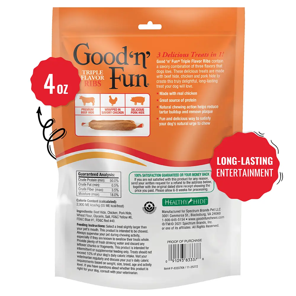 Good ‘n’ Fun Triple Flavor Ribs Chews for All Dogs, Treat Your Dog to Long-Lasting Chews Made with Beef Hide, Chicken and Pork Hide - back of package