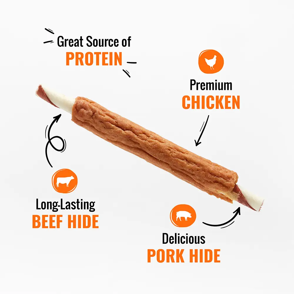Great source of protein, Long-lasting beef hide, premium chicken, and delicious pork hide