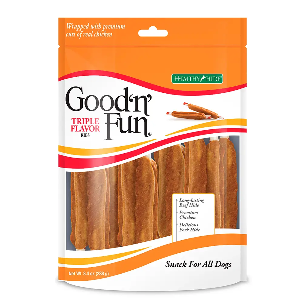 Good ‘n’ Fun Triple Flavor Ribs Chews for All Dogs, Treat Your Dog to Long-Lasting Chews Made with Beef Hide, Chicken and Pork Hide - front of package
