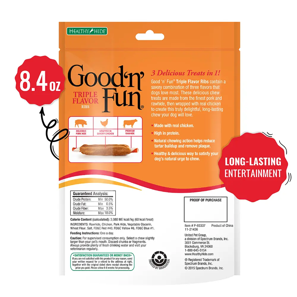 Good ‘n’ Fun Triple Flavor Ribs Chews for All Dogs, Treat Your Dog to Long-Lasting Chews Made with Beef Hide, Chicken and Pork Hide - back of package