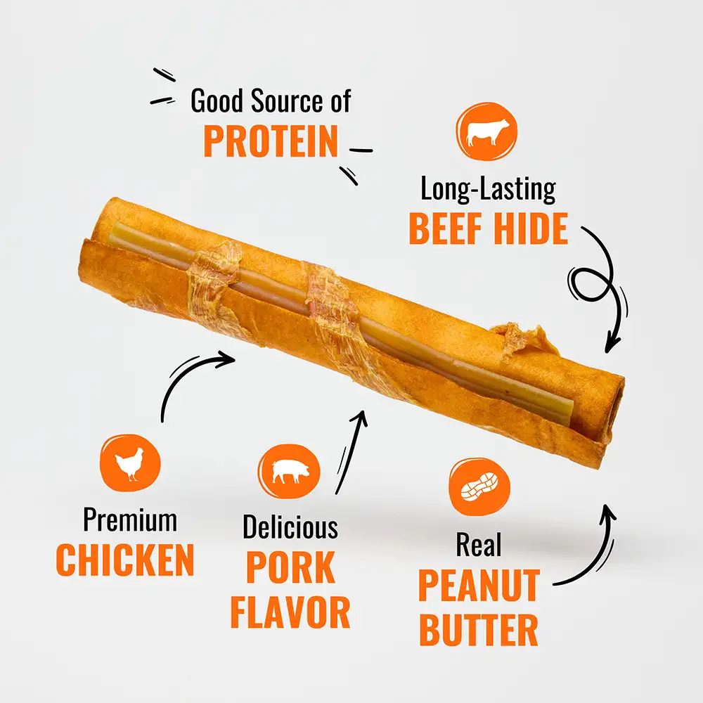 Great source of protein, premium chicken, long lasting beef hide, artificial pork flavor