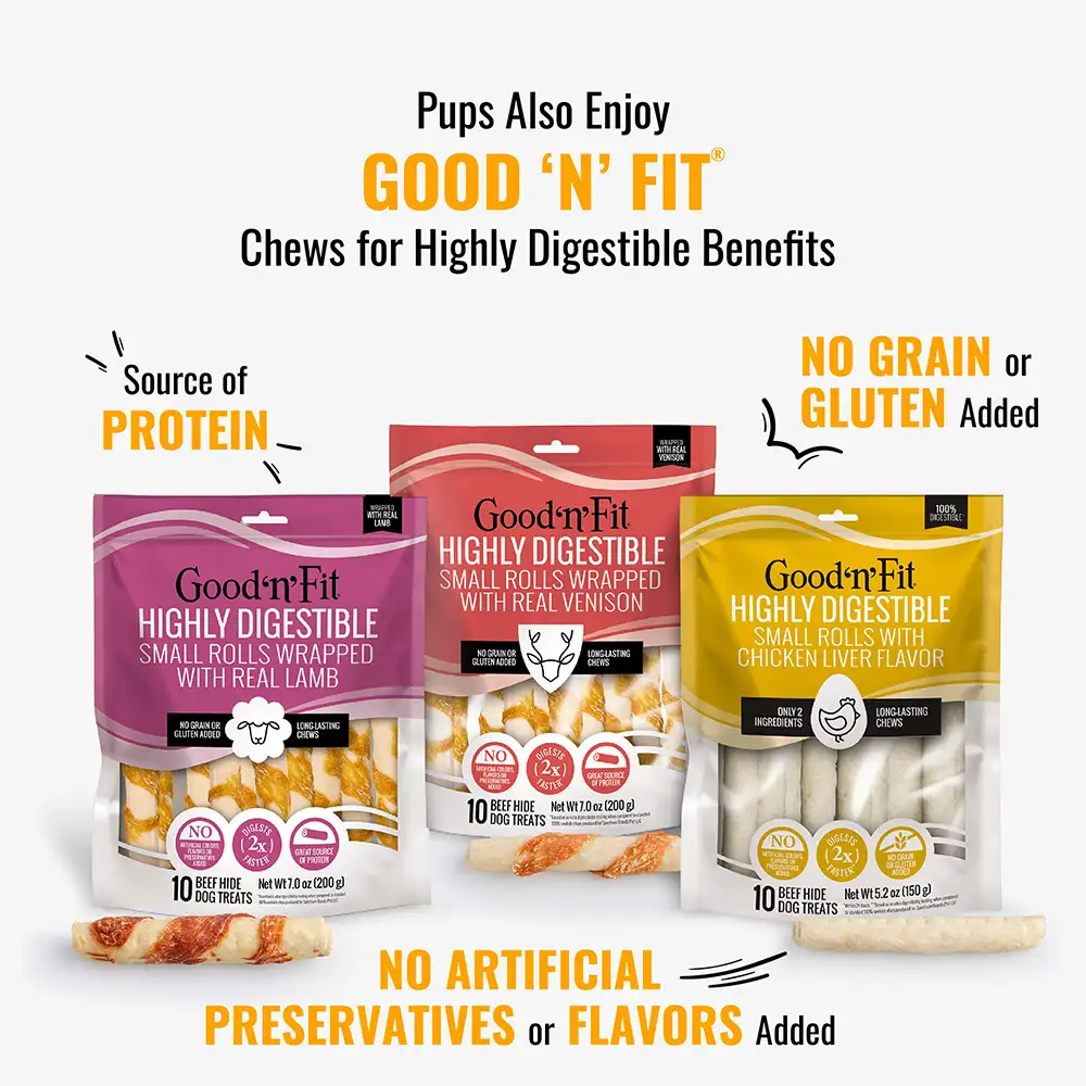 Pups also enjoy good n fit chews for highly digestible benefits.