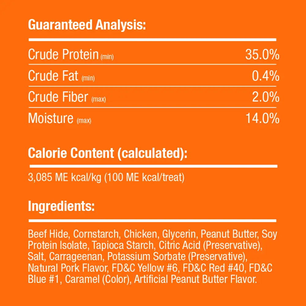 Beef Hide, Cornstarch, Chicken, Glycerin, Peanut Butter, Soy Protein Isolate, Tapioca Starch, Citric Acid (Preservative), Salt, Carrageenan, Potassium Sorbate (Preservative), Natural Pork Flavor, FD&C Yellow #6, FD&C Red #40, FD&C Blue #1, Caramel (Color), Artificial Peanut Butter Flavor.