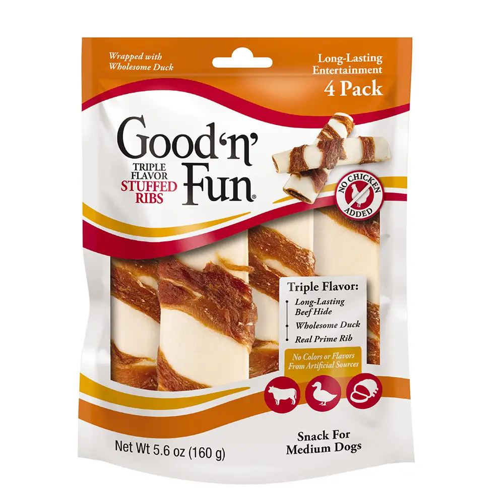 Good ‘n’ Fun Triple Flavor stuffed rib chews for medium Dogs, Treat Your Dog to Long-Lasting Chews Made with Beef Hide, real prime rib flavor and wholesome duck - front of package