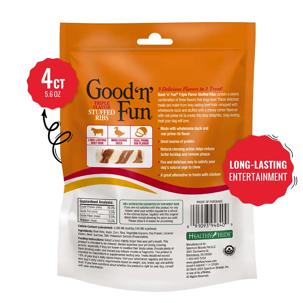 Good ‘n’ Fun Triple Flavor stuffed rib chews for medium Dogs, Treat Your Dog to Long-Lasting Chews Made with Beef Hide, real prime rib flavor and wholesome duck - back of package