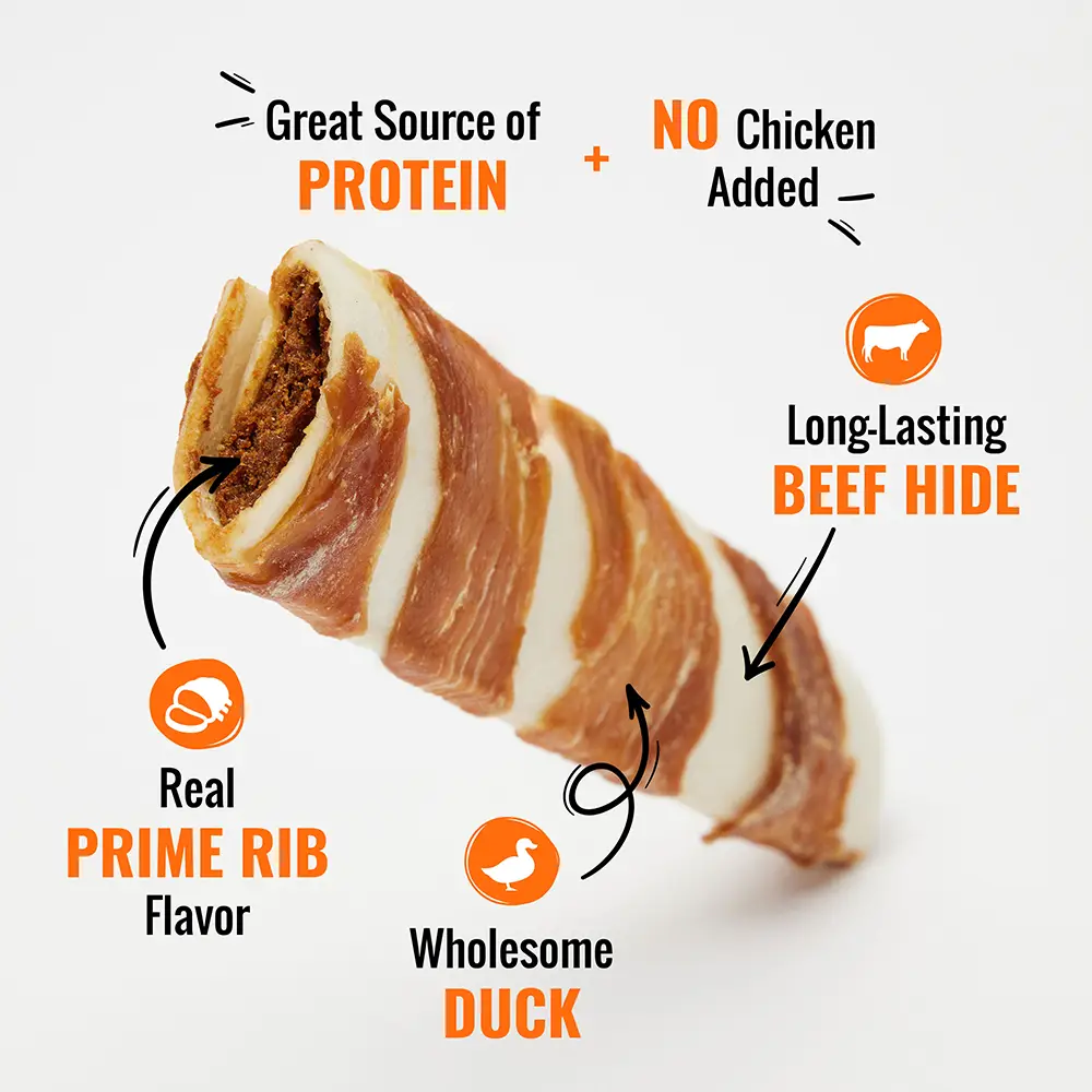 Great source of protein, no chicken added, long lasting beef hide, real prime rib flavor, wholesome duck