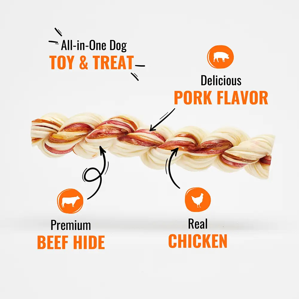 All-in-one dog toy and treat with delicious pork flavor, premium beef hide and real chicken.