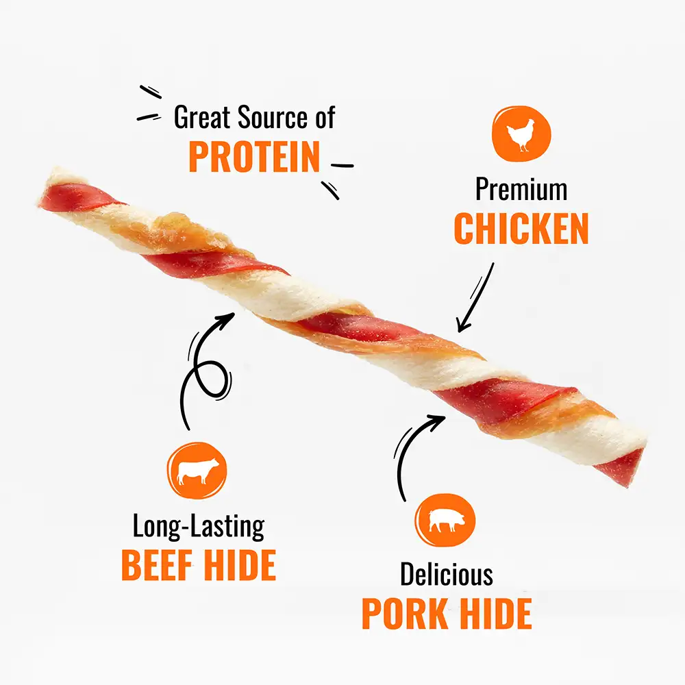 Great source of protein, premium chicken, long-lasting beef hide, and delicious pork hide