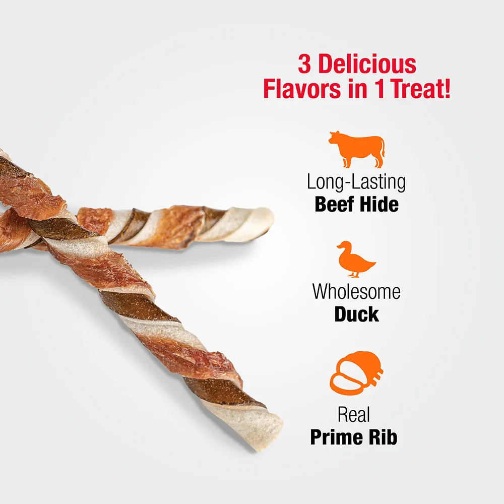 3 delicious flavors in 1 treat. Long-lasting beef hide, wholesome duck and real prime rib
