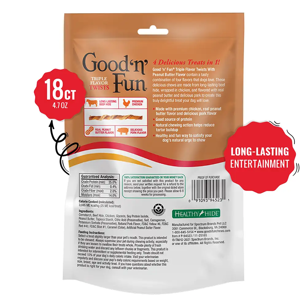 Triple Flavor Twists with Peanut Butter Flavor for All Dogs, 18 Count - Back of packaage