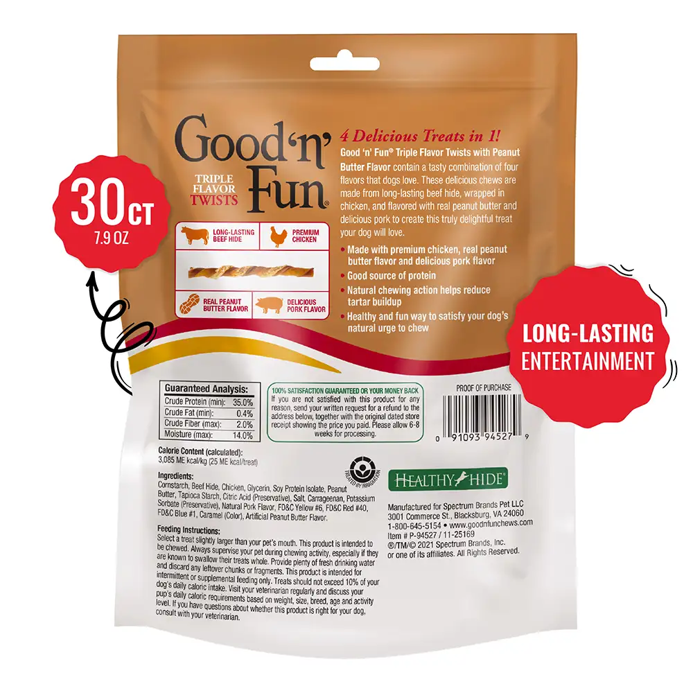 Triple Flavor Twists with Peanut Butter Flavor for All Dogs, 30 Count - Back of package