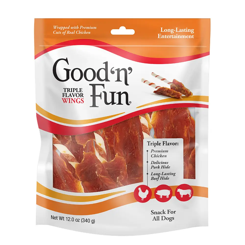 Good ‘n’ Fun Triple Flavor Wings Chews for All Dogs, Treat Your Dog to Long-Lasting Chews Made with Chicken, Pork Hide and Beef Hide - front of package