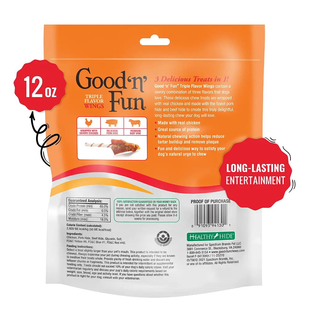 Good ‘n’ Fun Triple Flavor Wings Chews for All Dogs, Treat Your Dog to Long-Lasting Chews Made with Chicken, Pork Hide and Beef Hide - back of package
