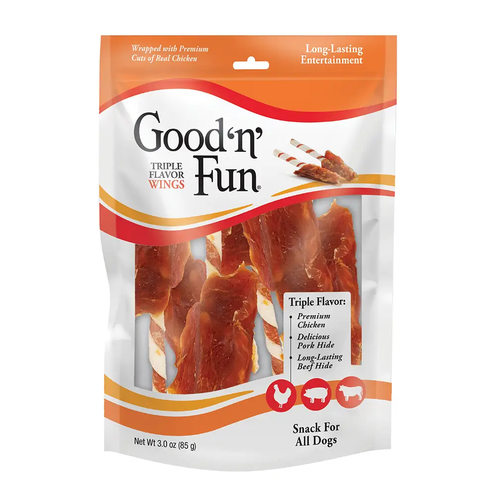 Good ‘n’ Fun Triple Flavor Wings Chews for All Dogs, Treat Your Dog to Long-Lasting Chews Made with Chicken, Pork Hide and Beef Hide - front of package
