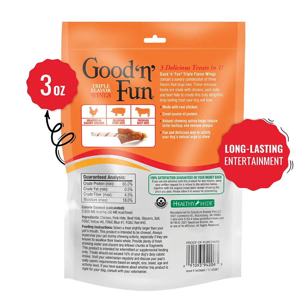 Good ‘n’ Fun Triple Flavor Wings Chews for All Dogs, Treat Your Dog to Long-Lasting Chews Made with Chicken, Pork Hide and Beef Hide - back of package