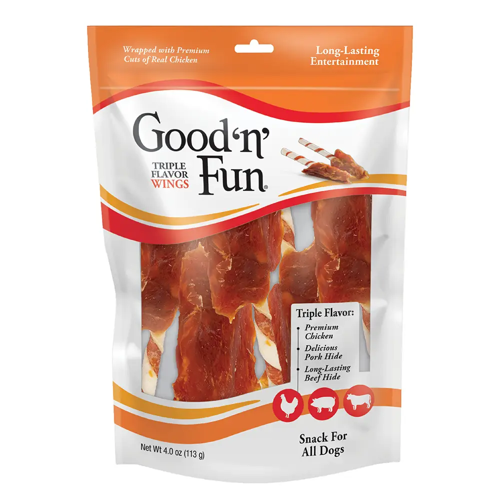 Good ‘n’ Fun Triple Flavor Wings Chews for All Dogs, Treat Your Dog to Long-Lasting Chews Made with Chicken, Pork Hide and Beef Hide - front of package